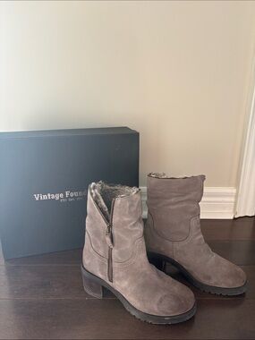 Vintage Foundry Taupe Suede Fur-Lined Heeled Boots